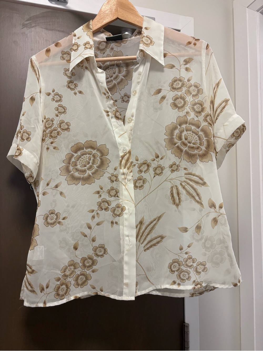 Vintage Penmens Sheer Floral Button-Up Top in Cream and Brown